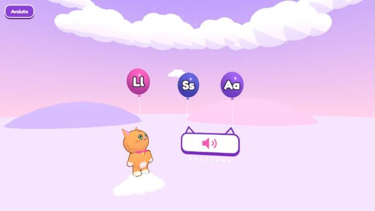 The letters game: an orange kitten looks up at three balloons labelled Ll, Ss, and Aa, next to a button that plays the letter’s sound