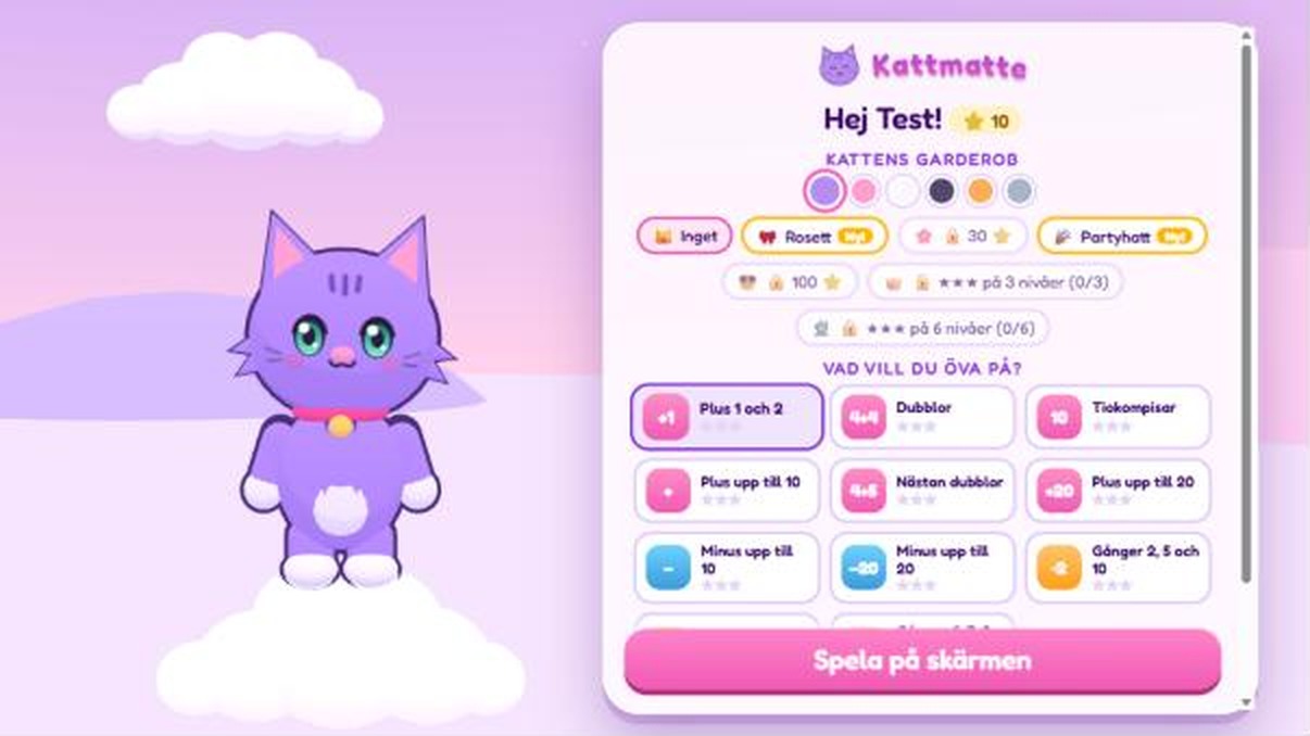 The Kattmatte menu: the kitten stands beside a panel with its wardrobe of colours and hats, some still locked, above a grid of maths exercises to choose from