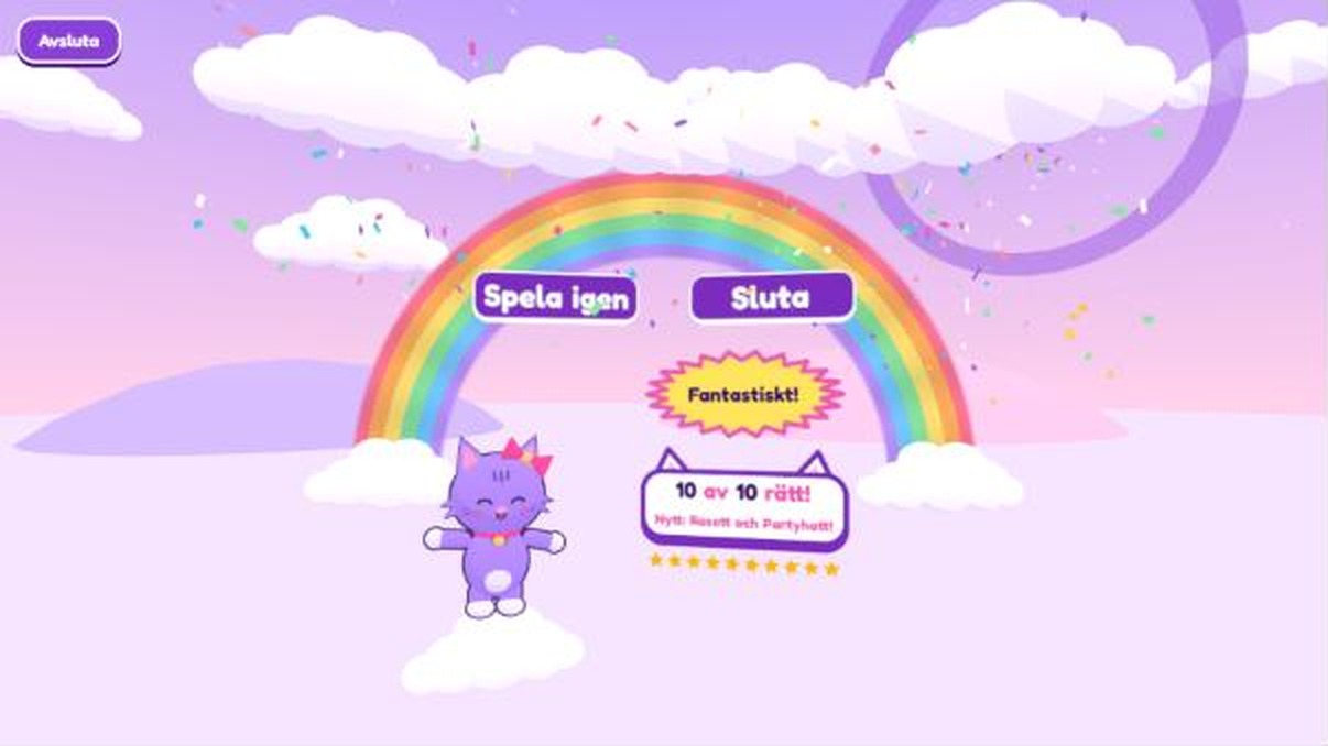 Kattmatte’s end-of-round party: a purple cartoon kitten with a pink bow cheers on a cloud under a rainbow while confetti falls, beside a score card reading “Fantastiskt! 10 av 10 rätt!”